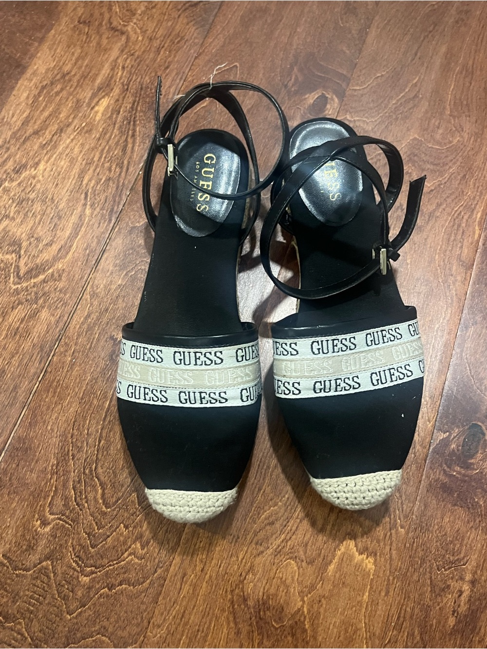 GUESS Black Espadrille Ankle-Strap Wedges with Logo Banding - Picture 12 of 12